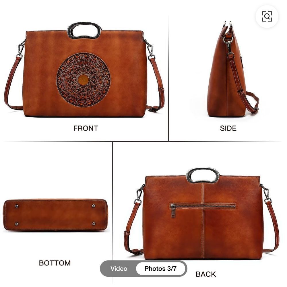 New Brown Leather Handbag with Mandala Design Handle with removable strap - Picture 11 of 12